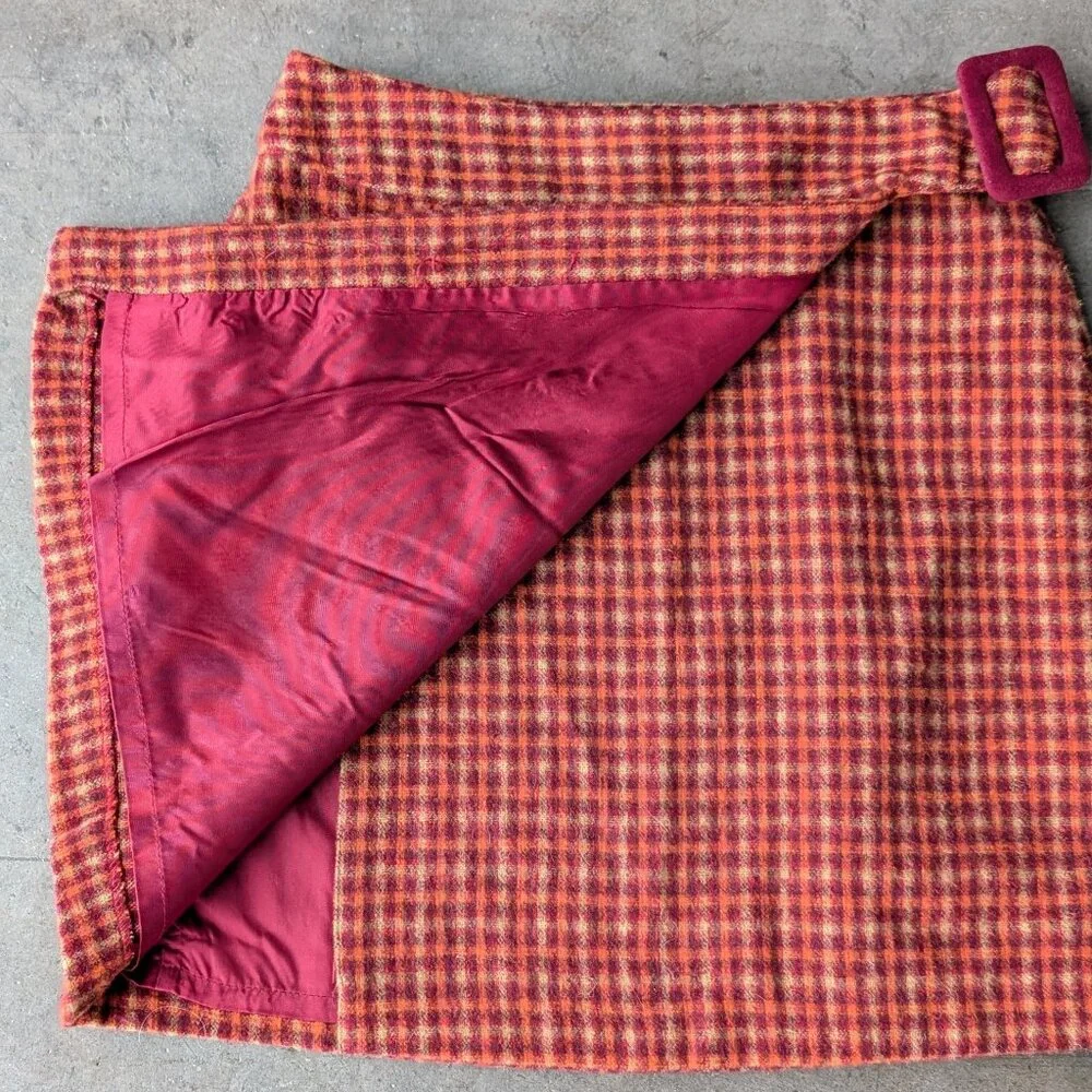 Vintage NY&CO Orange Plaid Wool Blend Mid Mod Belted Wrap Mini Skirt size 4 - Picture 4 of 8